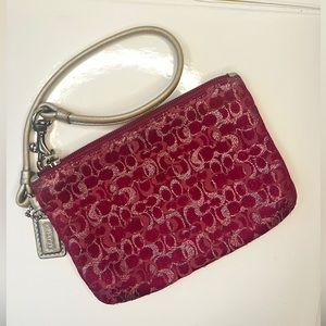 Coach pouch wristlet- EUC- pink and metallic monogram canvas